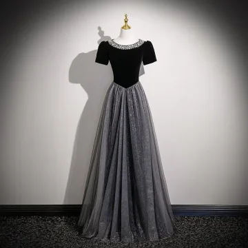 Bling Bling Noire Paillettes Robe De Bal 2026 Princesse Encolure Dégagée Manches Courtes Longue Tulle Robe De Ceremonie