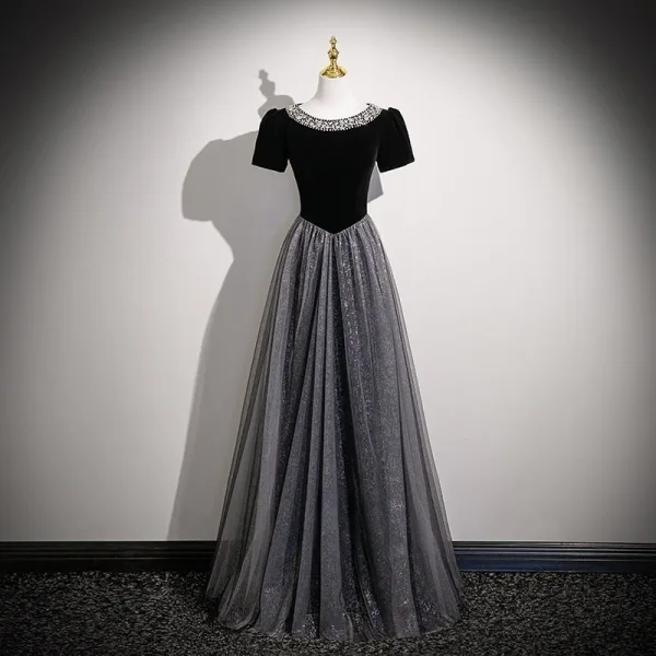 formal midi dress elegant MissJophiel Spaghetti Straps Corset Silver Star Black Tulle Long Dress with  Slit main image 0