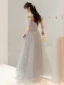 Fashion Grey Rhinestone Evening Dresses  2022 A-Line / Princess Spaghetti Straps Bow Short Sleeve Backless Floor-Length / Long Evening Party Formal Dresses