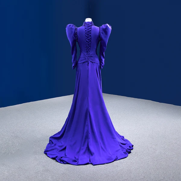 High-end Vintage / Retro Royal Blue Handmade  Beading Sequins Evening Dresses 2022 Trumpet / Mermaid High Neck Puffy 1/2 Sleeves Sweep Train Evening Party Formal Dresses
