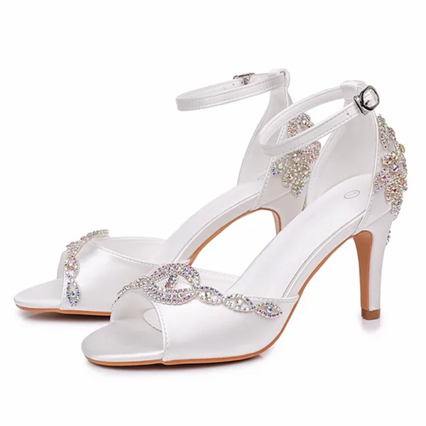 Schöne Weiß Strass Brautschuhe 2026 Knöchelriemen 8 cm Stilettos Peeptoes Hochzeit Sandaletten Hochhackige