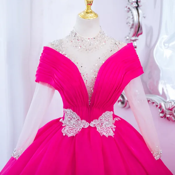 Fancy Fuchsia Beading Butterfly Sequins Prom Dresses 2024 Ball Gown High Neck Long Sleeve Backless Floor-Length / Long Prom Formal Dresses