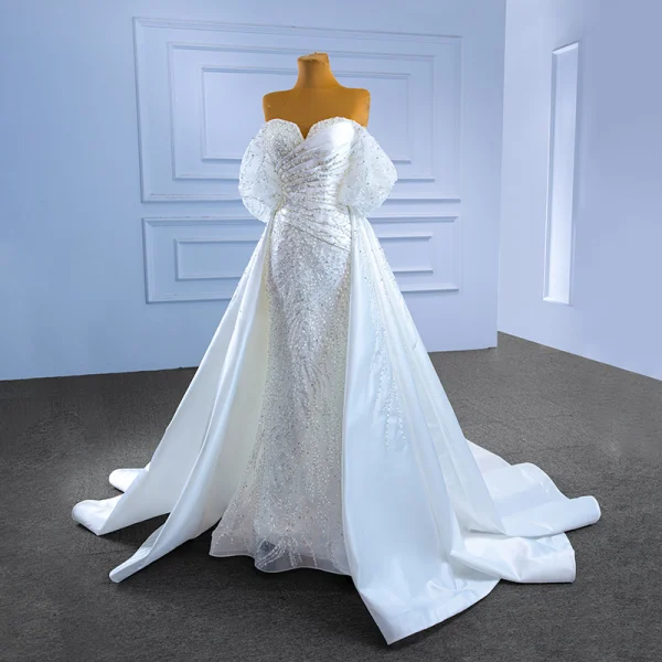 Charming White Trumpet / Mermaid Wedding Dresses 2022 Off-The-Shoulder Puffy Short Sleeve Backless Beading Pearl Sequins Floor-Length / Long Wedding