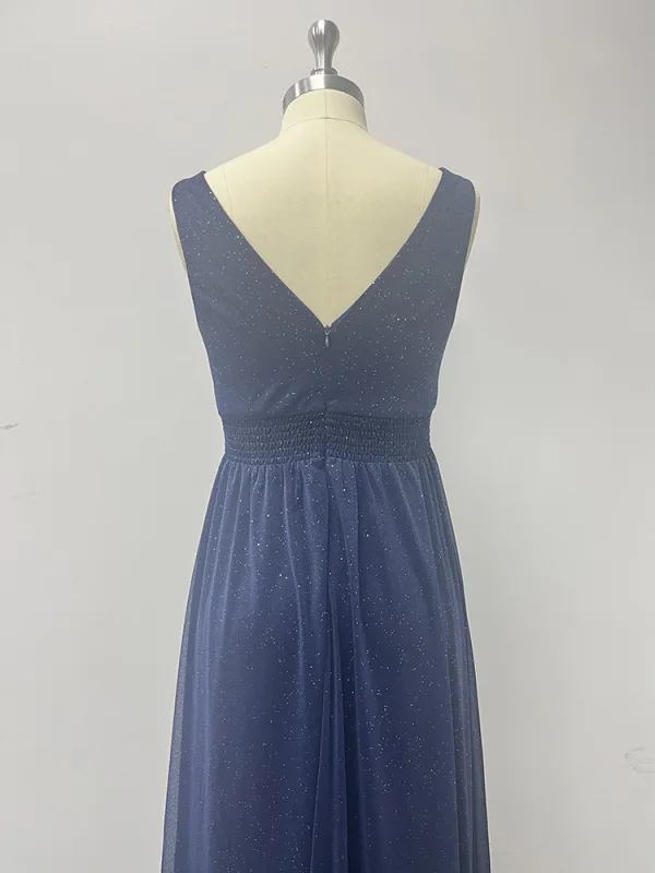 Modest / Simple Navy Blue Glitter Split Front Evening Dresses 2024 A-Line / Princess V-Neck Sleeveless Backless Floor-Length / Long Evening Party Formal Dresses