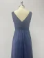 Modest / Simple Navy Blue Glitter Split Front Evening Dresses 2024 A-Line / Princess V-Neck Sleeveless Backless Floor-Length / Long Evening Party Formal Dresses