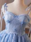 Chic / Belle Bleu Ciel Papillon Glitter Perle Paillettes Anniversaire Courte Robe De Fête 2025 Robe Boule Bretelles Spaghetti Sans Manches Dos Nu Robe De Ceremonie