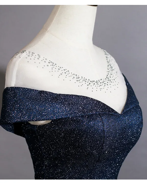 Bling Bling Navy Blue Sequins Prom Dresses 2026 A-Line / Princess Scoop Neck Short Sleeve Backless Floor-Length / Long Formal Dresses