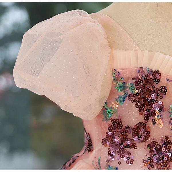 Chic / Beautiful Blushing Pink Sequins Flower Girl Dresses 2023 Ball Gown Square Neckline Puffy Short Sleeve Backless Floor-Length / Long Prom Flower Girl Dresses