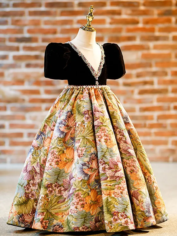 Vintage / Retro Black Pearl Rhinestone Printing Birthday Flower Girl Dresses 2024 Ball Gown Scoop Neck Short Sleeve Floor-Length / Long