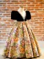 Vintage / Retro Black Pearl Rhinestone Printing Birthday Flower Girl Dresses 2024 Ball Gown Scoop Neck Short Sleeve Floor-Length / Long