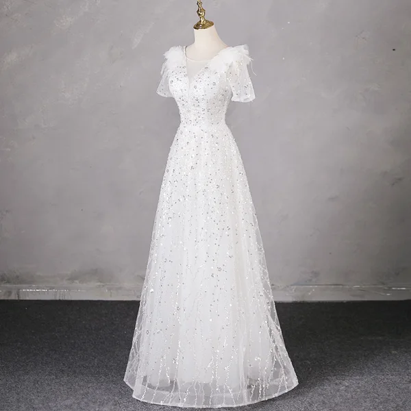 Chic / Beautiful White Sequins Prom Dresses 2024 A-Line / Princess Scoop Neck Short Sleeve Backless Floor-Length / Long Prom Formal Dresses
