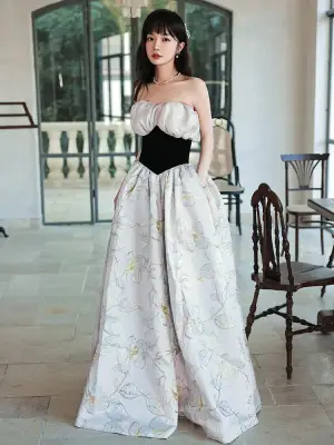 Charming Grey Floral Evening Dresses 2022 A Line Princess Off The Shoulder Sleeveless Backless Floor Length Long Evening Party Formal Dresses