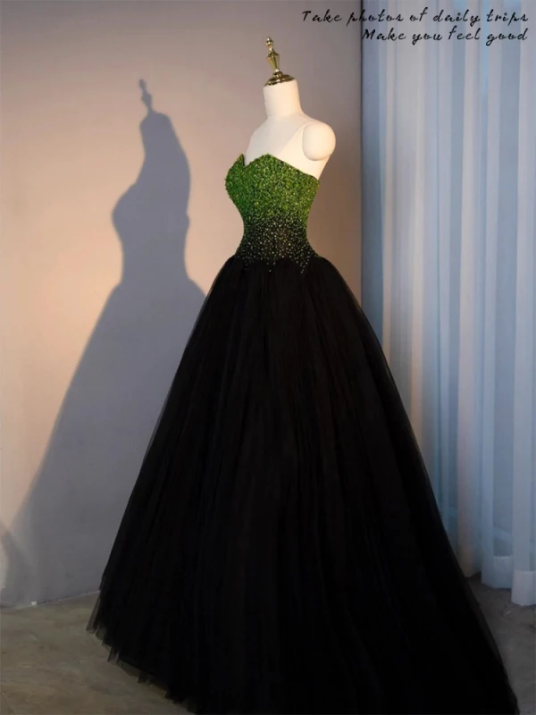 Sexy Black Beading Sequins Prom Dresses 2024 A-Line / Princess Sweetheart Sleeveless Backless Floor-Length / Long Formal Dresses