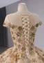 Luxus / Herrlich Gold Handgefertigt Pailletten Spitze Star Ballkleider 2024 Ballkleid Rundhalsausschnitt Kurze Ärmel Kapelle-Schleppe Ball Festliche Kleider