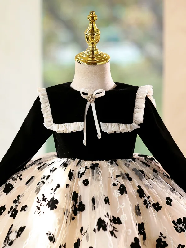 Chic / Beautiful Black Printing Birthday Short Flower Girl Dresses 2025 Ball Gown Scoop Neck Long Sleeve Tulle