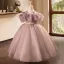 Chic / Beautiful Dusky Pink Beading Pearl Sequins Birthday Flower Girl Dresses 2024 Ball Gown Scoop Neck Ruffle Short Sleeve Backless Floor-Length / Long Flower Girl Dresses