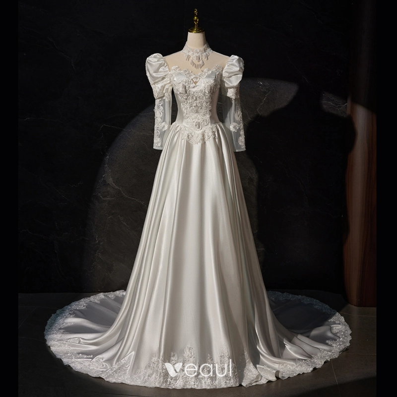Vintage / Retro Medieval White Beading Pearl Lace Flower Satin Wedding  Dresses 2024 A-Line / Princess High Neck 3/4 Sleeve Sweep Train Wedding