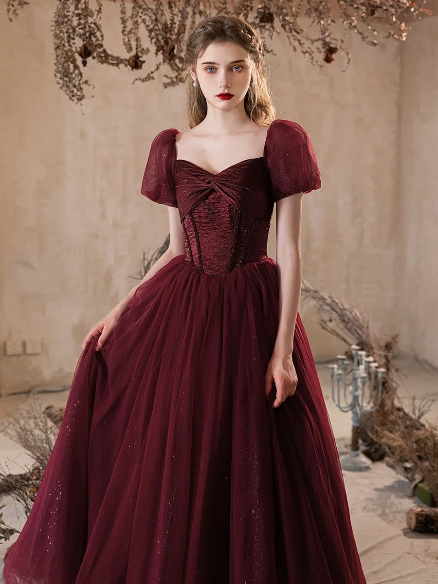 strapless open back dress Cute Short Sleeves Burgundy Long Prom Dresses P2234 – PreppyDress main image 0