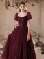 Elegant Burgundy Sequins Prom Dresses A-Line / Princess 2025 Square Neckline Puffy Short Sleeve Backless Floor-Length / Long Prom Formal Dresses