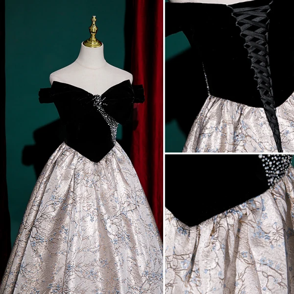 Chic / Beautiful Black Rhinestone Printing Evening Dresses 2023 A-Line / Princess Off-The-Shoulder Sleeveless Backless Floor-Length / Long Evening Party Formal Dresses