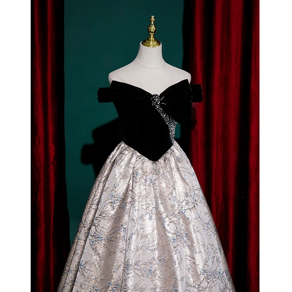Chic / Beautiful Black Rhinestone Printing Evening Dresses 2023 A-Line / Princess Off-The-Shoulder Sleeveless Backless Floor-Length / Long Evening Party Formal Dresses