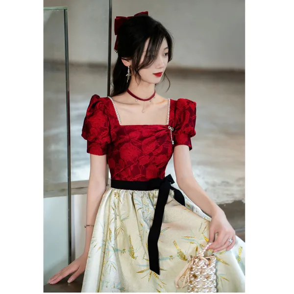 Chic / Belle Bordeaux Robe De Soirée 2022 Princesse Encolure Carrée Manches Courtes Dos Nu Noeud Ceinture Perle Thé Longueur Robe De Ceremonie