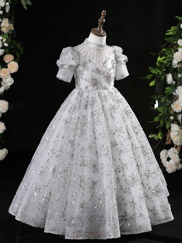 Chic / Beautiful Grey Beading Sequins Pearl Lace Flower Birthday Flower Girl Dresses 2024 A-Line / Princess High Neck Short Sleeve Floor-Length / Long