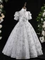Chic / Beautiful Grey Beading Sequins Pearl Lace Flower Birthday Flower Girl Dresses 2024 A-Line / Princess High Neck Short Sleeve Floor-Length / Long