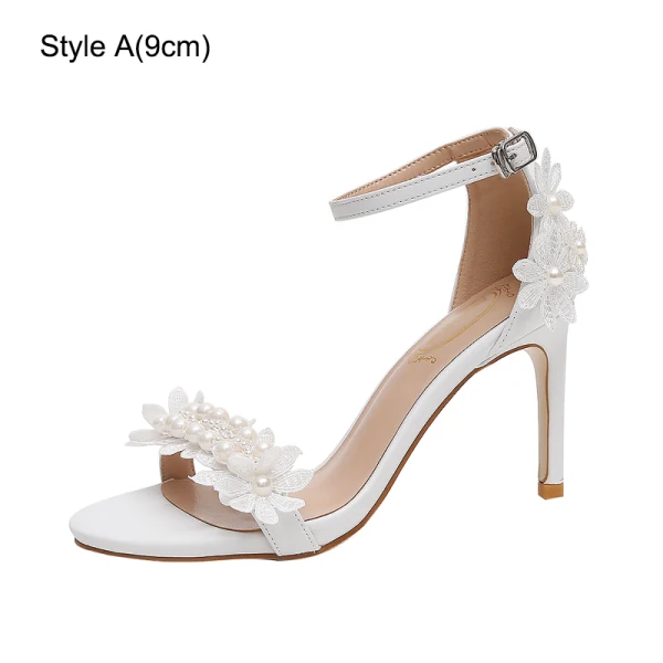 Sexy White Pearl Lace Flower Wedding Shoes 2023 Ankle Strap 9 cm Stiletto Heels Open / Peep Toe Wedding Sandals High Heels