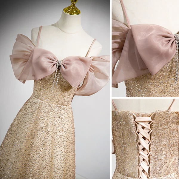 Scintillantes Doré Faux Diamant Paillettes Robe De Soirée 2023 Princesse Bretelles Spaghetti Noeud Manches Courtes Dos Nu Longue Soirée Robe De Ceremonie