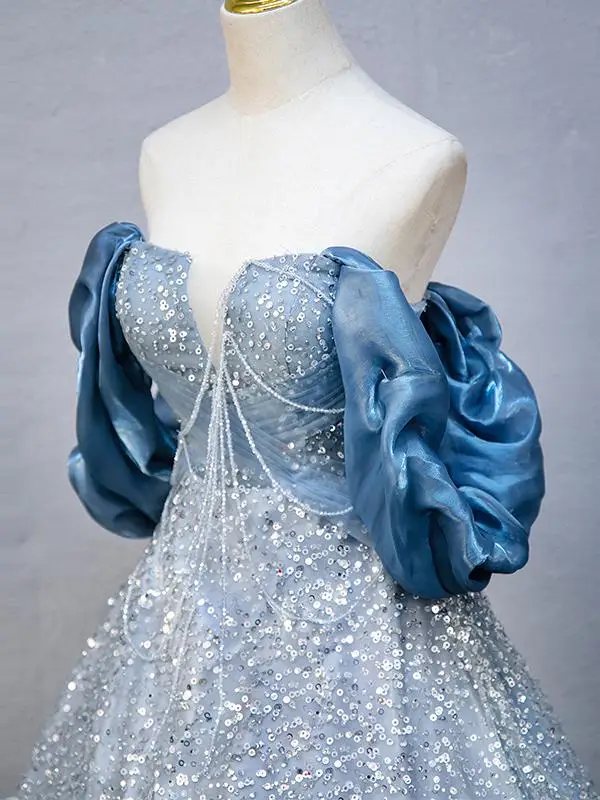 Chic / Belle Bleu Ciel Perlage Paillettes Robe De Bal 2025 Robe Boule Volants De l'épaule Manches Courtes Dos Nu Longue Promo Robe De Ceremonie