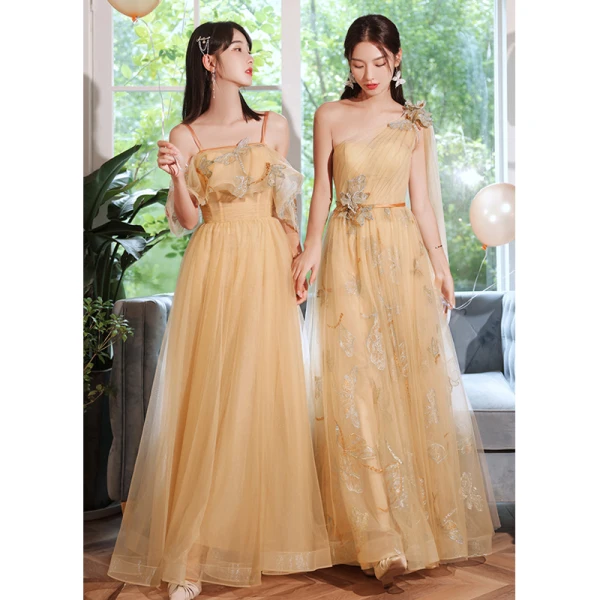 Modest / Simple Champagne Lace Flower Bridesmaid Dresses 2023 A-Line / Princess Short Sleeve Backless Floor-Length / Long Bridesmaid Dresses