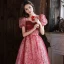 Elegant Burgundy Sequins Evening Dresses 2022 A-Line / Princess Square Neckline Short Sleeve Backless Bow Floor-Length / Long Evening Party Formal Dresses