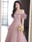 Bling Bling Rougissant Rose Perlage Paillettes Robe De Bal 2024 Princesse De l'épaule Manches Courtes Dos Nu Longue Promo Robe De Ceremonie