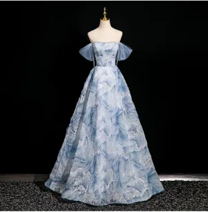 Élégant Bleu Ciel Perlage Paillettes Robe De Bal 2025 Robe Boule De L Épaule Manches Courtes Dos Nu Longue Promo Robe De Ceremonie