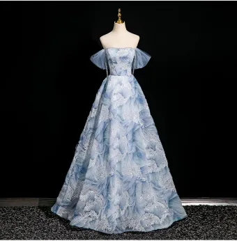 Elegante Hemelsblauw Kralen Pailletten Galajurken 2025 Baljurk Uit De Schouder Korte Mouwen Ruglooze Lange Gala Gelegenheid Jurken