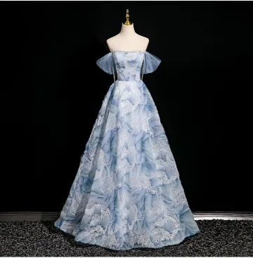 Élégant Bleu Ciel Perlage Paillettes Robe De Bal 2025 Robe Boule De L Épaule Manches Courtes Dos Nu Longue Promo Robe De Ceremonie