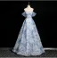 Elegant Sky Blue Beading Sequins Prom Dresses 2025 Ball Gown Off-The-Shoulder Short Sleeve Backless Floor-Length / Long Prom Formal Dresses