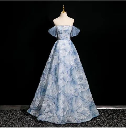 Elegante Himmelblau Perlenstickerei Pailletten Ballkleider 2025 Ballkleid Off Shoulder Kurze Ärmel Rückenfreies Lange Ball Festliche Kleider