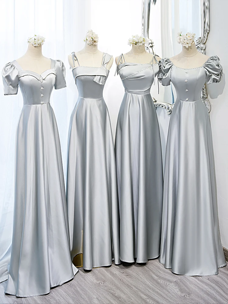 Modest Simple Silver Grey Satin Bridesmaid Dresses 2022 A-Line Princess Short Sleeve