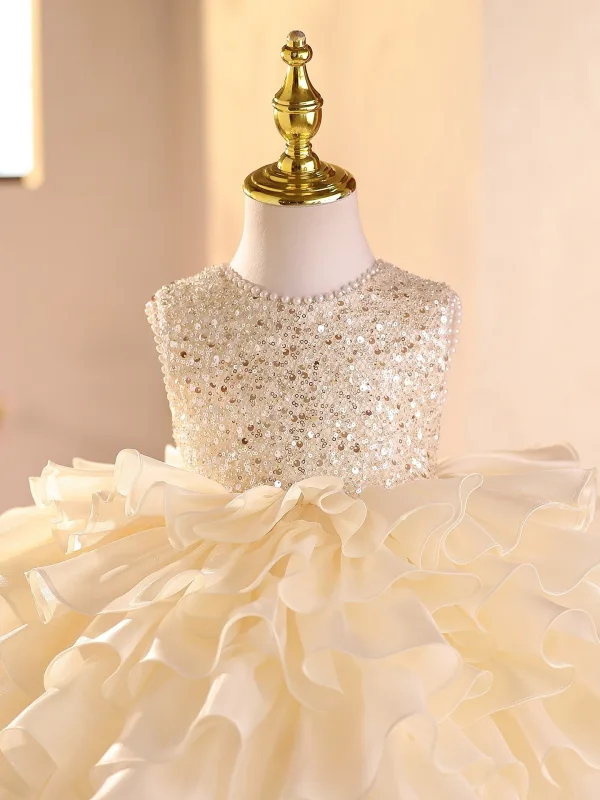 Bling Bling Champagne Sequins Cascading Ruffles Birthday Flower Girl Dresses 2026 Ball Gown Scoop Neck Sleeveless Bow Short