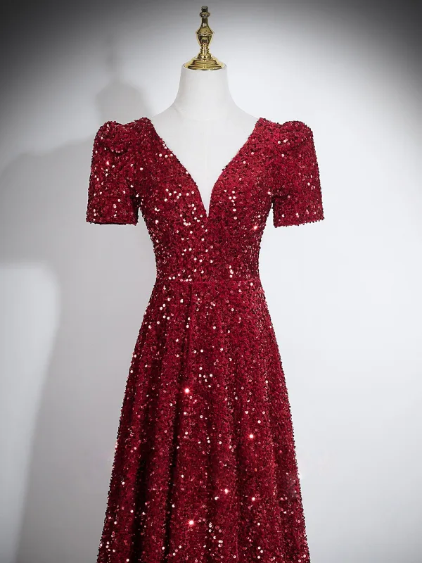 Éclatant Bordeaux Paillettes Robe De Soirée 2026 Princesse V-Cou Manches Courtes Dos Nu Longue