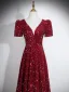 Éclatant Bordeaux Paillettes Robe De Soirée 2026 Princesse V-Cou Manches Courtes Dos Nu Longue