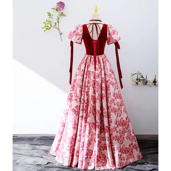 Vintage / Retro Red Floral Prom Dresses 2022 A-Line / Princess Square Neckline Short Sleeve Backless Bow Floor-Length / Long Prom Formal Dresses