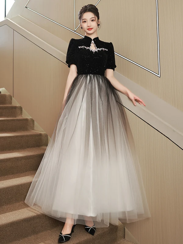 Style Chinois Noire Faux Diamant Paillettes Robe De Bal 2023 Princesse Col Haut Manches Courtes Longue Robe De Ceremonie