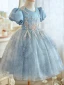 Chic / Beautiful Sky Blue Beading Sequins Short Birthday Flower Girl Dresses 2023 Ball Gown Scoop Neck Puffy Short Sleeve Backless Tulle