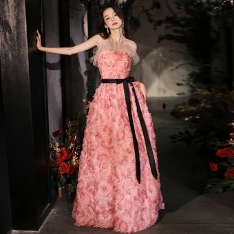 Chic Belle Rougissant Rose Paillettes Appliques Robe De Bal 2023 Princesse Bustier Sans Manches Dos Nu Noeud Ceinture Longue Promo Robe De Ceremonie