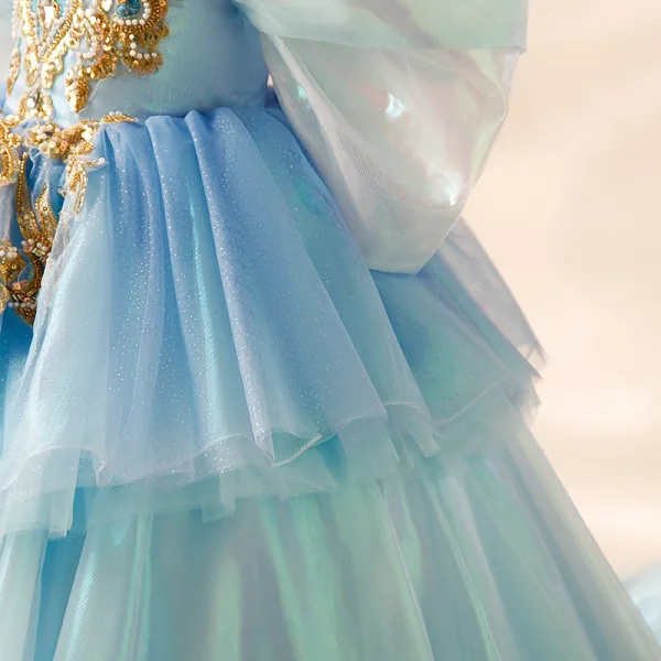 Classy Sky Blue Beading Pearl Sequins Cascading Ruffles Birthday Flower Girl Dresses 2024 Ball Gown Off-The-Shoulder Puffy Short Sleeve Backless Sweep Train Flower Girl Dresses