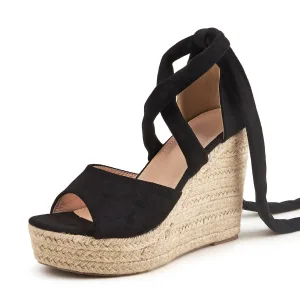 Chic Beautiful Black Street Wear Braid Womens Sandals 2022 Ankle Strap 11 Cm Wedges Open Peep Toe Boots