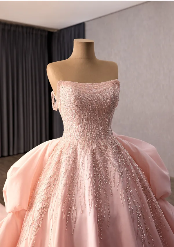 Luxury / Gorgeous Blushing Pink Handmade  Beading Sequins Cascading Ruffles Prom Dresses 2026 Ball Gown Strapless Sleeveless Backless Royal Train Formal Dresses